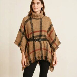 Womens‎ Plaid Turtleneck Poncho Fringed Hem Cape Shawl Wrap Tan Brown Acrylic